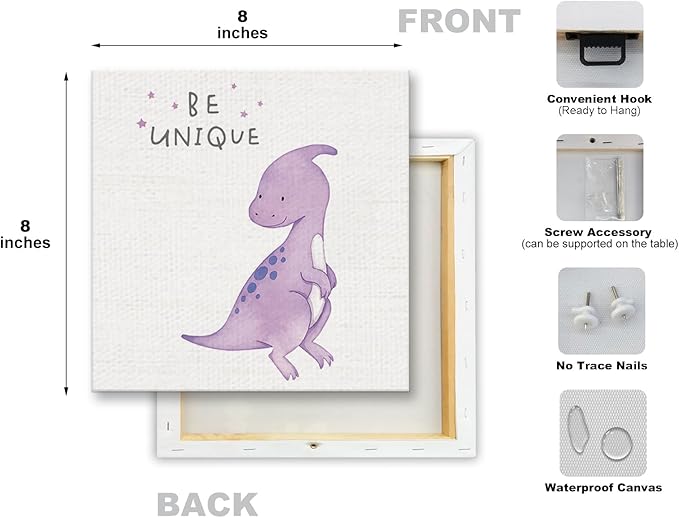 Cute Watercolor Dinosaur Prints Inspirational Motivational Quotes Canvas Wall Art Nursery Decor Wall Decor Funny Poster Artwork for Kids Room Classroom Bedroom Decoration (4PCS,Framed,7.9x7.9IN)