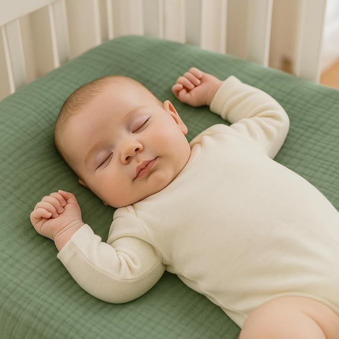 Mère & Moi Muslin Fitted Crib Sheets – 100% Cotton, Ultra-Soft & Breathable Baby Bedding for Standard Crib & Toddler Mattress (28” x 52”) - 2 Pack (Green and Cream)