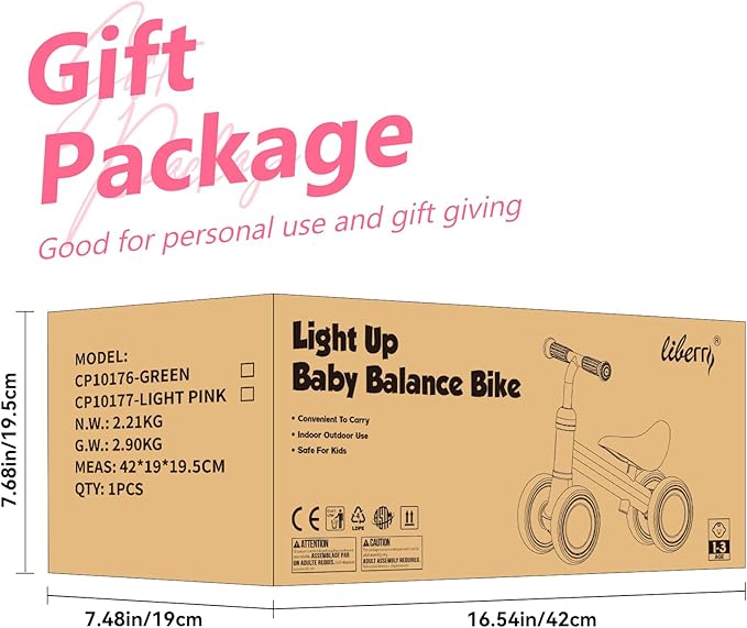 Liberry Light-Up Baby Balance Bike with Adjustable Seat, Toddler First Ride-On Toy for 1-2 Year Old, Girls Birthday Gift