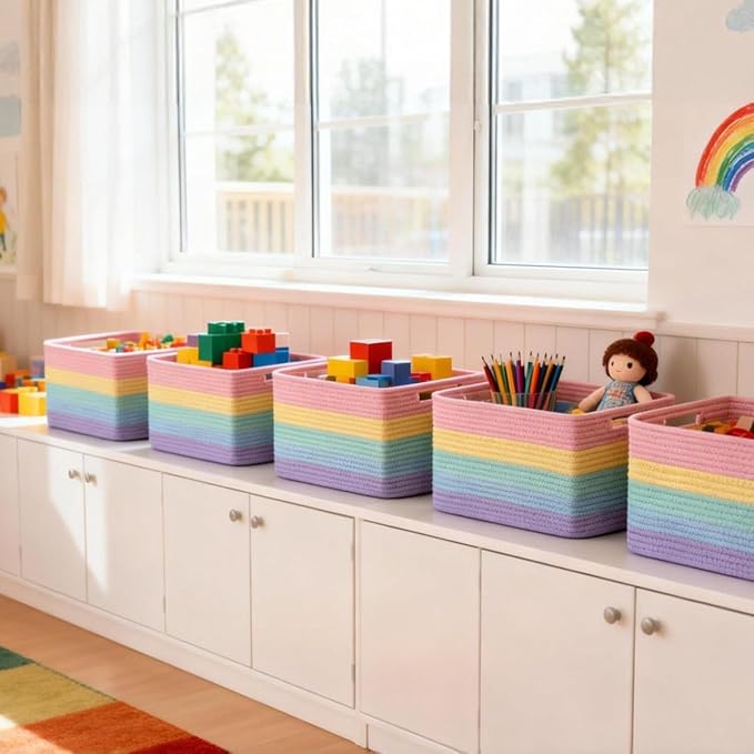 Yilobi 5 Pack Rainbow Woven Storage Baskets for Shelves, Decorative Toy Baskets Organizer for Kids Room, Nursery, Playroom, Classroom – Colorful Cotton Rope Toy Storage Bins for Organizing & Decor