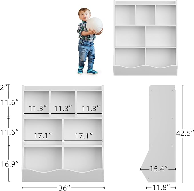 GarveeHome White Toy Storage Cabinet, Three-Tier Kids Bookshelf and Bookcase for Storage Books and Toys, Multi Shelf with Cubby Organizer for Bedroom and Playroom