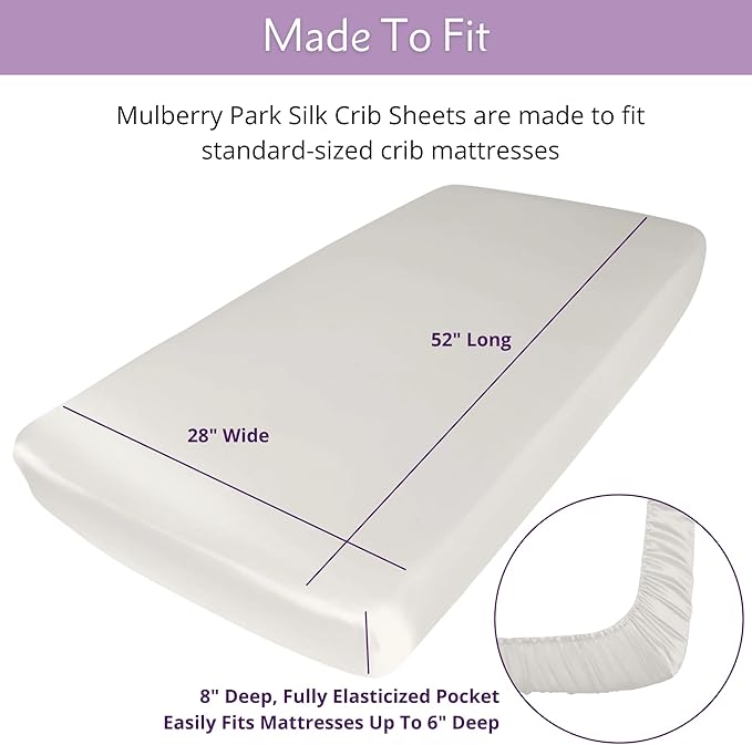 Mulberry Park Fitted Silk Crib Sheet - Grade 6A Pure 19 Momme Toddler Bedding - Gentle on Baby's Delicate Skin, Helps with Bald Spot, Eczema, Dry Skin & Cradle Cap - 28" x 52" / Natural White