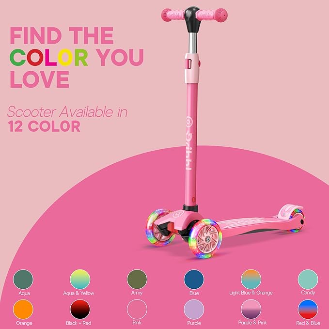 Dribbl 3-Wheel Kids Scooter - Lean-to-Steer Technology, Adjustable Height Handlebar, Wide Anti-Slip Deck, Scooter for Boys & Girls Ages 3+, Child Safety Approved, Support Riders Up to 165 lbs, Pink