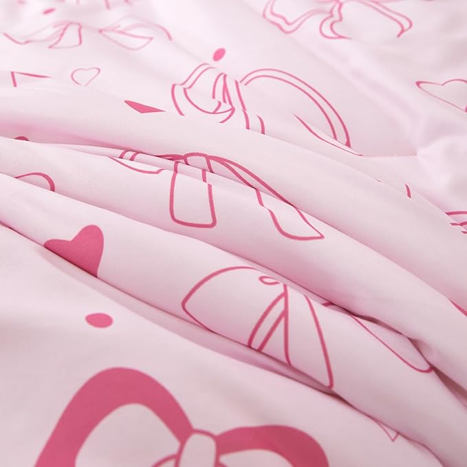 URBONUR 4 Piece Toddler Bedding Set - Soft and Breathable Crib Bedding Set for Girls, Includes Comforter, Fitted Sheet, Flat Top Sheet and Envelope Pillowcase, Pink Bow