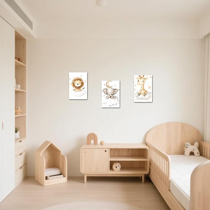LZIMU Nursery Animal Canvas Wall Art 3 Pieces Cute Animal Baby Picture Prints Woodland Nursery Painting for Kids Boy Girls Room Decor Framed (White, 20x28inchx3 Pieces)