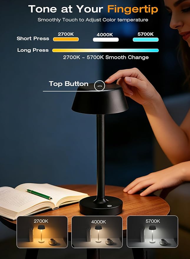Light Worthy Cordless Rechargeable Table Lamp with Power Charger,Portable LED Desk Lamp,5000mAh Battery Operated,2700K-5700K Tunable,Stepless Dimming for Bedroom Bedside Outdoor Camping Light,Black