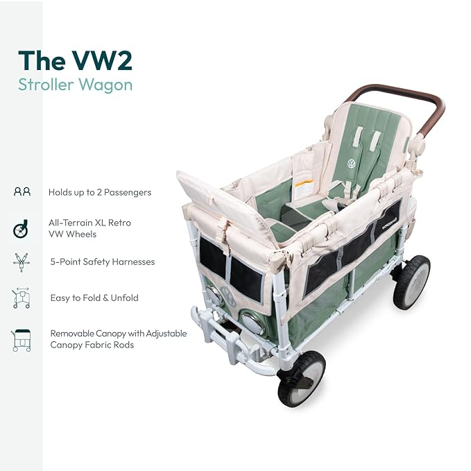 WONDERFOLD Volkswagen Double Stroller Wagon (2 Seater) - Foldable Wagon Stroller with Classic VW Bumper, Headlights, and Retro All-Terrain XL Wheels, Sage Green