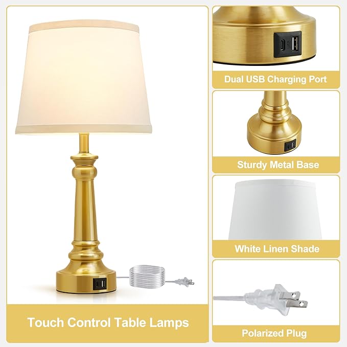 EJIAXIN Touch Lamps for Nightstand Set of 2 - Gold Table Lamp for Bedroom Dimmable Bedside Lamps with USB C+A Ports - Lamps for Night Stands Living Room End Table,2 LED Bulbs Included