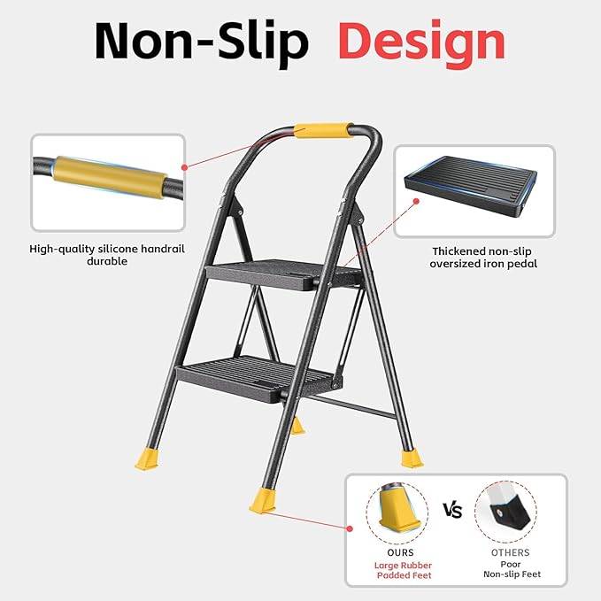 Foldable Step Ladder Folding Stool - 2 Stepping Extension Tall Heavy Duty with Handrails for Home Adults Kitchen - Extendable Stepladder Closet Stepstool Stair Ladders for Indoor House 600Lbs