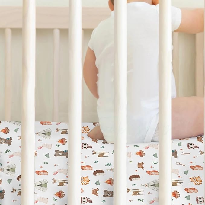 Camping Animals Baby Crib Sheets for Boy Girl 52x28In Bear Deer Raccoon Squirrel Bunny Hedgehog Owl Soft Snug Fitted Crib Mattress Cover Baby Sheet for Standard Crib & Toddler Mattress 2 Pack