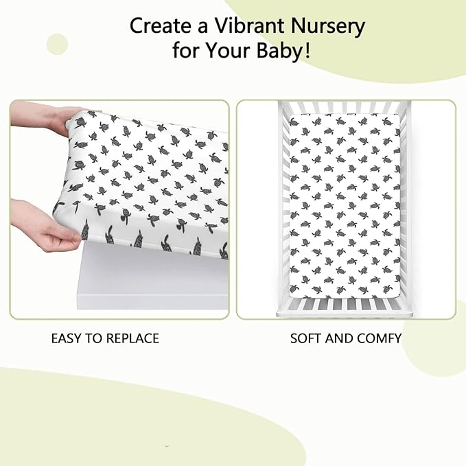 Sea Turtle Themed Fitted Mini Crib Sheets,Portable Mini Crib Sheets Soft & Stretchy Fitted Crib Sheet-Baby Sheet for Boys Girls,24“ x38“,Charcoal Grey White