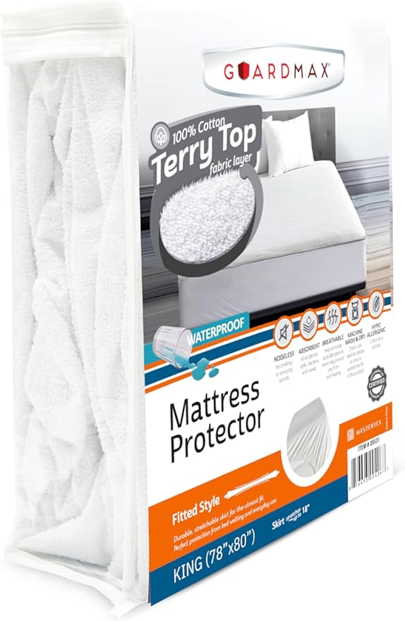 Guardmax Terry Cotton King Size Mattress Protector - Waterproof & Dust Mite Proof Mattress Cover with Stretchable Pockets - Soft, Comfortable, & Noiseless Waterproof Fitted Sheet.(78 x 80 x 15)
