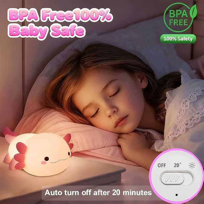 Cute Axolotl Night Light for Kids Bedroom, Animal Silicone Nursery Night Lamp Touch Control Nightlights USB Rechargeable Bedside Lamp for Baby Children Toddlers Girls Gift (pink Axolotl 1)