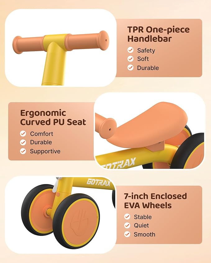 Gotrax Baby Balance Bike 1-2 Years, 7" Front&Rear Silent Wheels, Sturdy Steel Frame 66 lbs Load, Quick 2-Min Assembly, CPC Certified, Comfortable Soft Seat, Toddler Birthday Gift for Boys&Girls Yellow