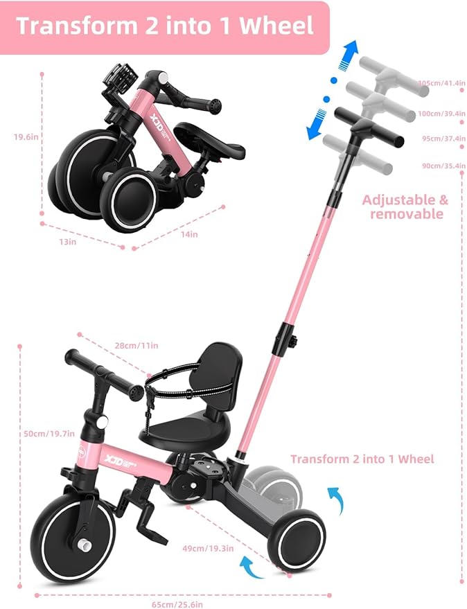 XJD Toddler Bike, 6 in 1 Folding Toddler Tricycle for 1-4 Year Old with Parental Control Handle, Balance Bike with Removable Pedal, Backrest, Adjustable Seat, First Birthday Gifts (Pink)