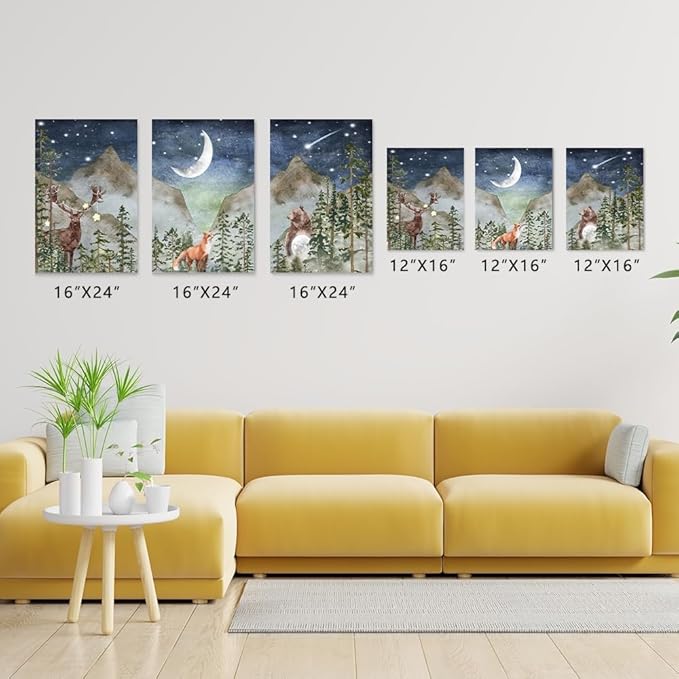SKYSUKEY Boho Nursery Wall Decor, Wild Forest Kids Wall Art, Dark Blue Star Night Moon Netural Mountain Wall Art, Fairy Animals Nursery Decor, Nature Prints for Boy Girl, Set 3 Framed, 12"x16"