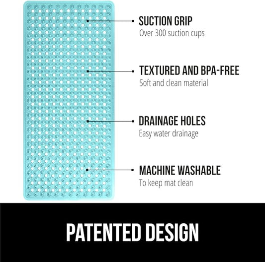 GORILLA GRIP Patented Bath Tub Shower Mat, Machine Washable Bathtub Floor Liner Mats, Suction Cups and Drain Holes to Keep Tubs Clean, Soft on Feet, Bathroom Essentials, 35x16 Inch, Clear Turquoise