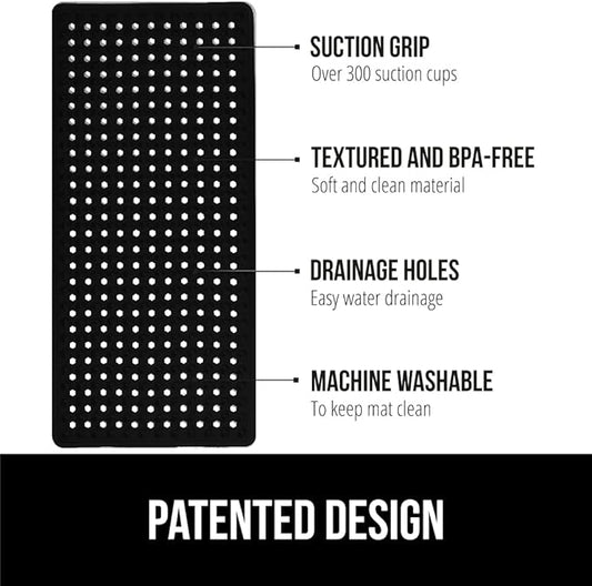 GORILLA GRIP Patented Bath Tub Shower Mat, Machine Washable Bathtub Floor Liner Mats, Suction Cups and Drain Holes to Keep Tubs Clean, Soft on Feet, Bathroom Essentials, 35x16 Inch, Black