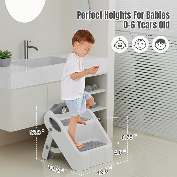 Step Stool for Toddlers, Toddler Step Stool for Bathroom Sink, Foldable Non-Slip Kids Stool with Handle, 2 Step Stools for Kids, Toddler Stool for Kitchen Bedroom Counter Sink (Grey)