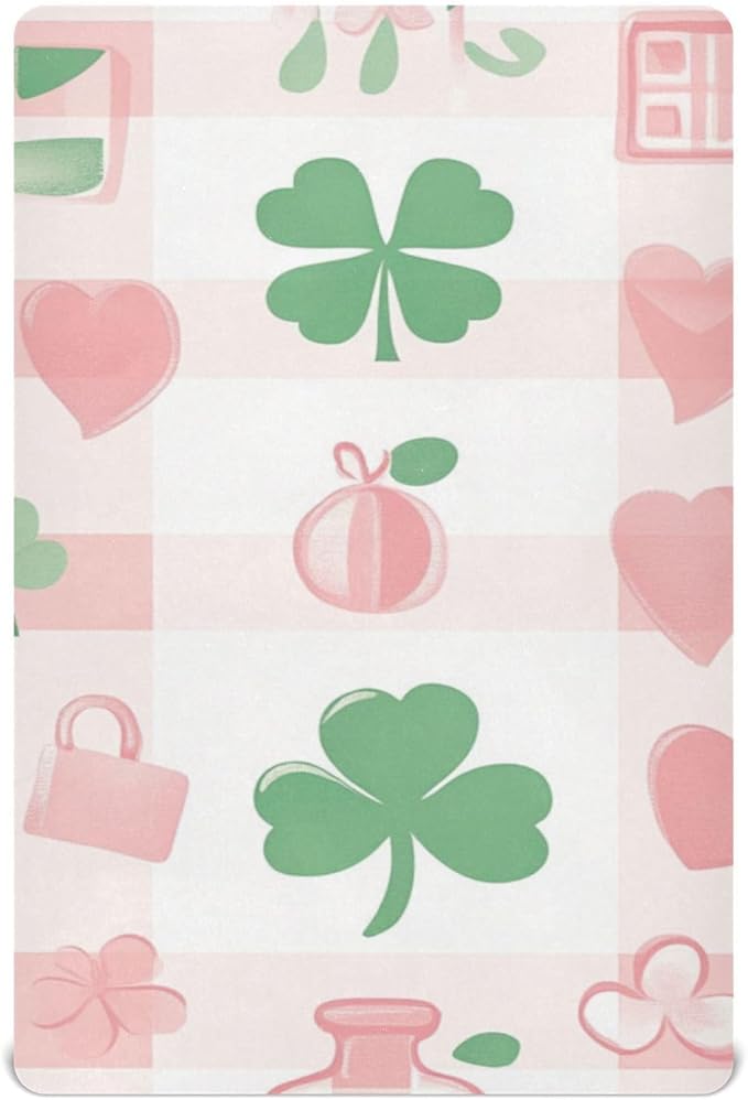 Pink Plaid St Patricks Day Clovers Hearts Crib Sheets Standard Crib Toddler Mattresses Cover Fitted Baby Bed Sheet Breathable Crib Mattress Sheet for Girls Boys 52" x 28"x5''