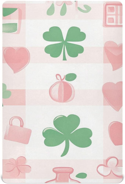 Pink Plaid St Patricks Day Clovers Hearts Crib Sheets Standard Crib Toddler Mattresses Cover Fitted Baby Bed Sheet Breathable Crib Mattress Sheet for Girls Boys 39''x27''x9''