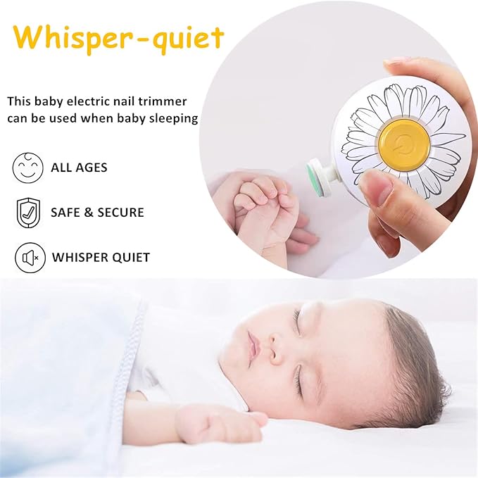 Baby Nail Trimmer Electric, Safe + Easy Baby Nail File, Baby Nail Clippers Nail Trimmer Kit for Newborn Infant Toddler, 6 Grinding Heads, Battery Operated (Battery Not Included) White