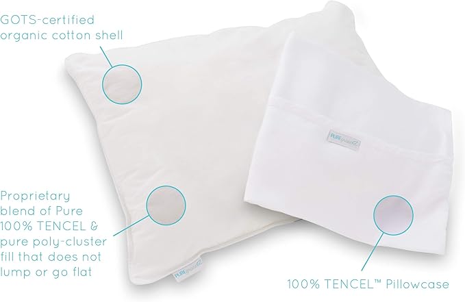 PUREgrace Tencel Toddler Pillow and Pillowcase Set – Organic Cotton Shell, Washable and Soft for Kids Ages 2-5, Perfect Size for Travel (14” x 19”)