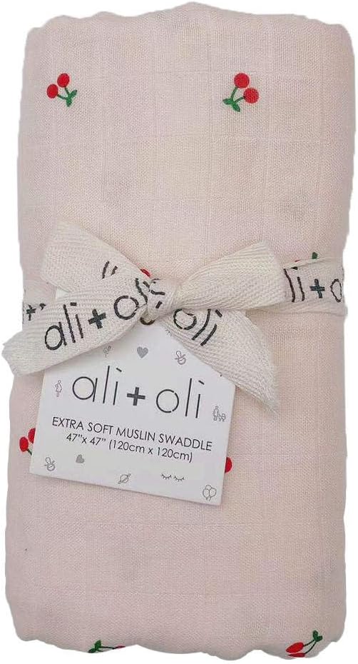 Ali+Oli Muslin Swaddle Blanket for Baby (Cherry) Large 47" x 47" Soft Rayon Made from Bamboo & Organic Cotton, Machine Washable Receiving Blanket Wrap for Newborn to Toddler