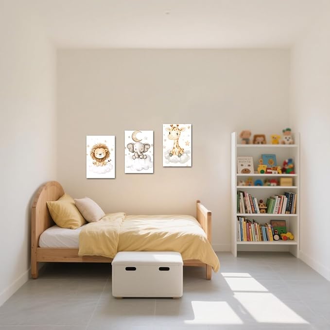 LZIMU Nursery Animal Canvas Wall Art 3 Pieces Cute Animal Baby Picture Prints Woodland Nursery Painting for Kids Boy Girls Room Decor Framed (White, 12x16inchx3 Pieces)