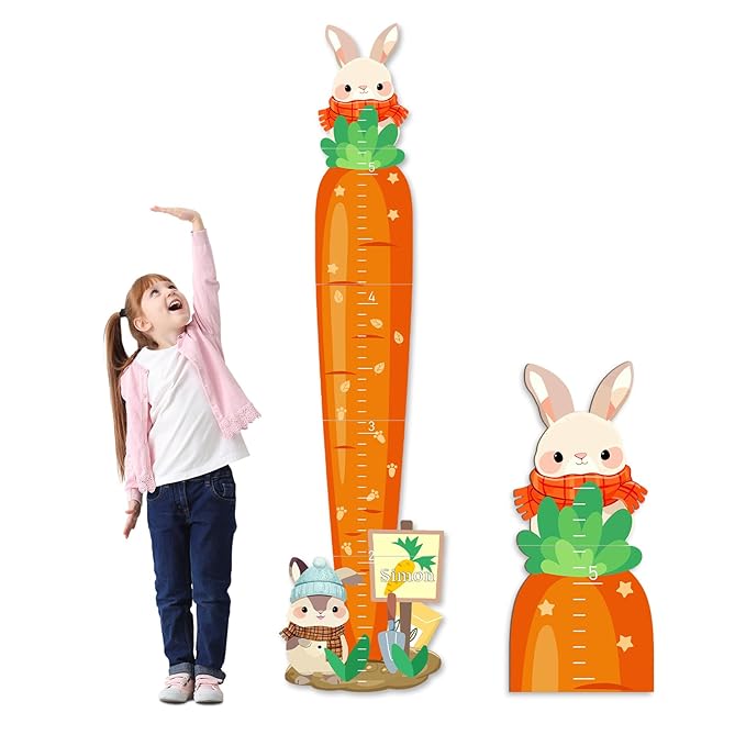 Woodemon Personalized Child Growth Charts,Rabbits and Carrots Wooden Kids Height Wall Chart, Height Measurement for Wall Kids Room Nursery Decor