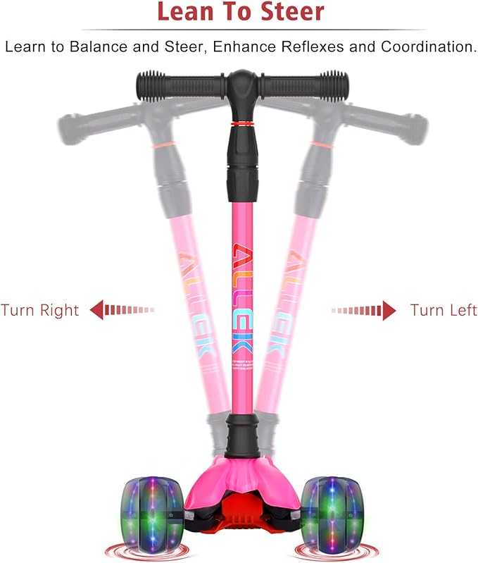 Allek Kick Scooter B02, Lean 'N Glide Scooter with Extra Wide PU Light-Up Wheels and 4 Adjustable Heights for Children from 3-12yrs (Rose Pink)