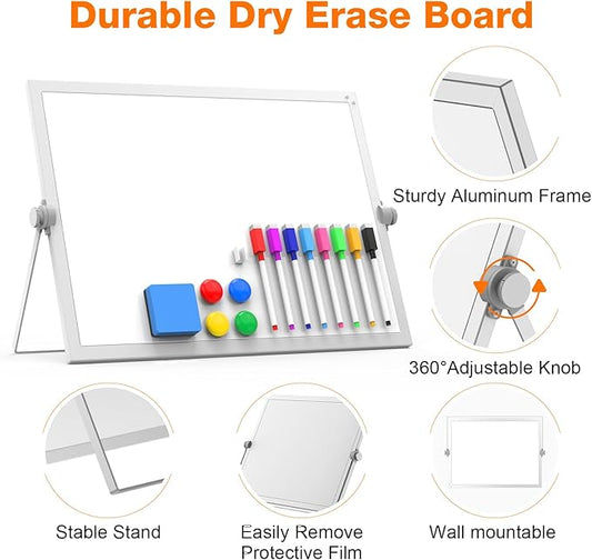Dry Erase White Board, 16" x 12" Magnetic Desktop Whiteboard with Stand, Dry Eease Board Mini Easel Double Sided on Table Top with Holder for Kids Drawing, Teacher Instruction