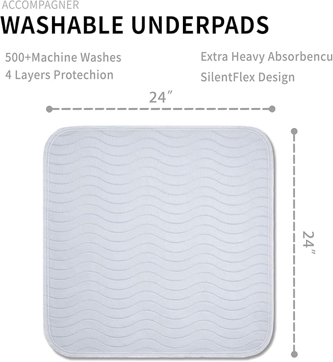 Accompagner Waterproof Reusable for Adults and Pets Washable Pee Pads for Dogs Changing Pad Large Dog Bed Size Adults Incontinence Bed Pads - Non-Slip Leak-Proof (Pearl Gray, 4Pack-24" x24")