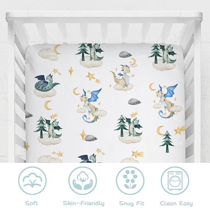 Cartoon Fairy Tale Dragon Moon Stars Clouds Trees Baby Crib Sheets 52''x28'' Watercolor Dragons Stretchy Fitted Crib Mattress Cover for Boy Girl Soft Bed Sheet for Standard Crib Toddler Mattress