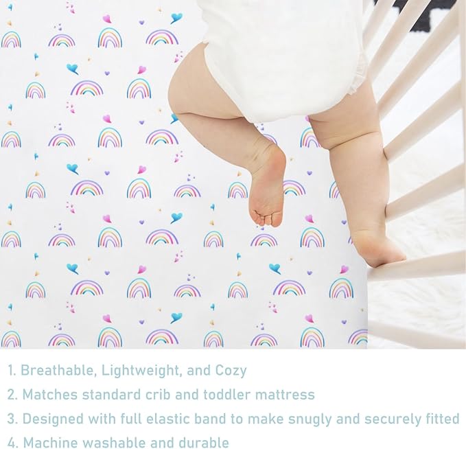 Rainbow Baby Crib Sheet 52''x28'' Cute Rainbow Love Colorful Stretchy Fitted Crib Mattress Sheet for Boy Girl Crib Mattress Sheet Toddler Bed Sheets for Standard Crib and Toddler Mattresses