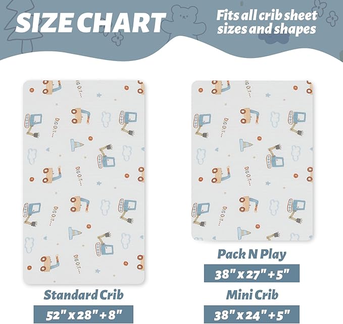 SiinvdaBZX 2 Pack Pack n Play Sheets Boys, Ultra Soft Muslin Cotton Mini Crib Sheets Breathable Toddler Playard Bedding Cover for 38"x27" Portable/Mini Crib Mattresses (2Pcs Construction Trucks)