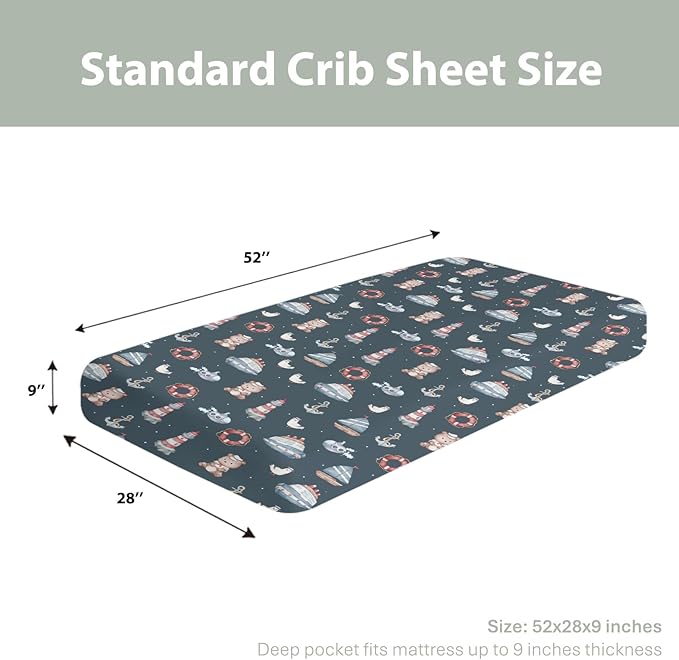 Sailor Bear Watercolor Baby Crib Sheets for Boy Girl 52x28Inch Bear Lighthouse Anchors Boats Soft Snug Fitted Crib Mattress Cover Coastal Nautical Life Baby Sheet for Standard Crib & Toddler Mattress