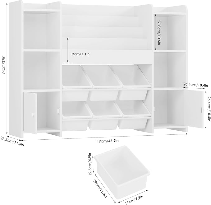 FINETONES Toy Storage Organizer with 6 Toy Bins, Toy Organizer Kids Bookshelf with 6 Cubbies, Toy Organizers and Storage Bins Playroom Storage for Kids Room, White