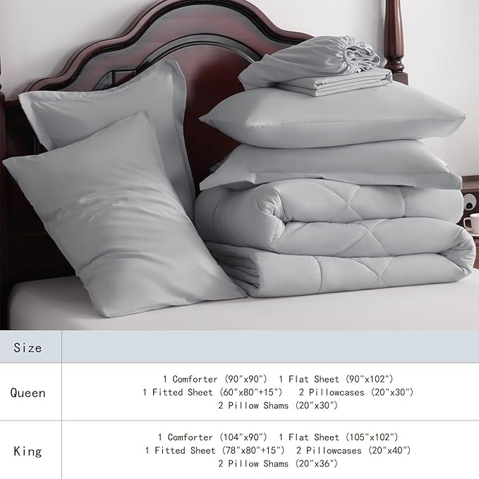 NTBAY King Comforter Set with Sheets, 7 Pieces Soft and Breathable King Bedding Set, Bed in a Bag, Down Alternative Comforter Set Solid Color All Season, King Bedding Set, Light Grey