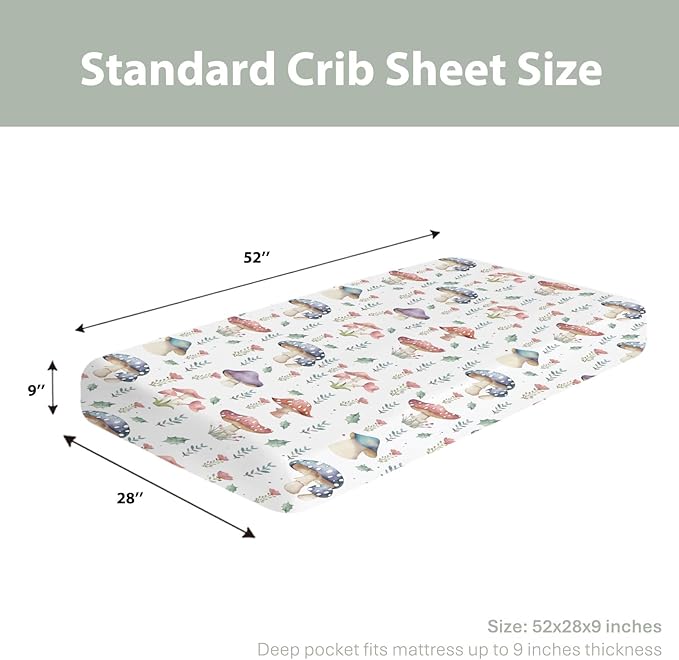 Fairytale Mushroom Baby Crib Sheets for Boy Girl 52x28Inch Colorful Mushrooms Floral Leaves Soft Snug Fitted Crib Mattress Cover Magical Plant Baby Sheet for Standard Crib & Toddler Bed Mattress