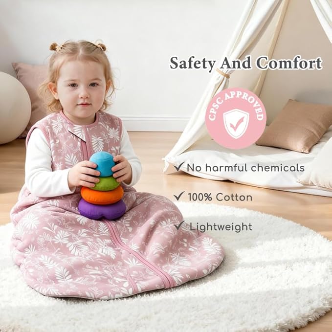 Baby Sleep Sack 0-6 Months 0.5 TOG, 100% Cotton Baby Wearable Blanket with 2-Way Zipper, Infant Toddler Sleeping Sack for Newborn Boys and Girls, Flowers & Leaves