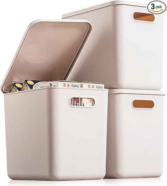GUMEIGODA Plastic Storage Bins with lids,Storage Baskets,Container with handle,Storage Organizer Bins for Shelves,Office,Bedrooms,Closets, Cabinets(Gray,3L)