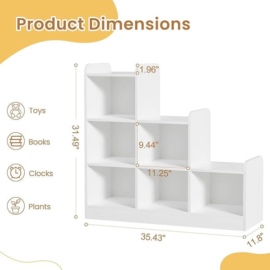 Derfullo Book Shelf, 6-Cube Toy Organizers and Storage, Small Open Floor Montessori Bookcase for Kids Room, Bedroom and Playroom, 35.4" W x 11.8" D x 31.5" H, White