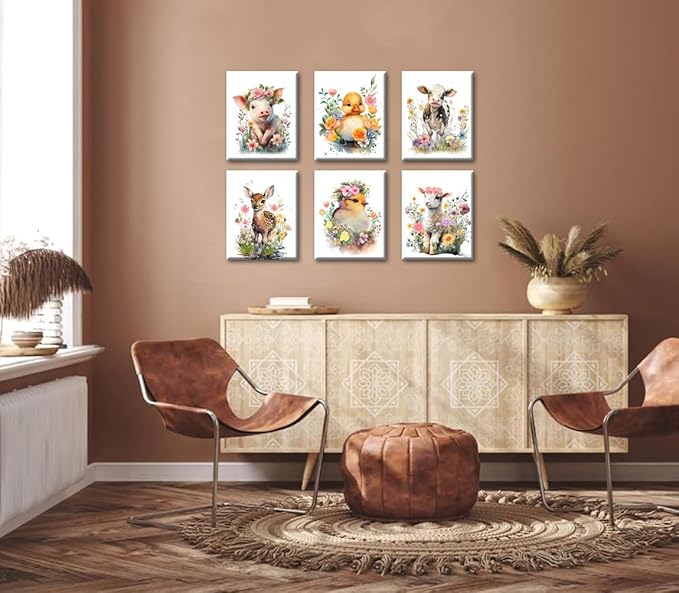 Framed Baby Watercolor Farm Animals Nursery Wall Art Prints,Cute Baby Animal Nursery Farm Wall Art,Farmhouse Animals Themed Poster for Farmhouse Room Decor,Set of 6(8"X10")
