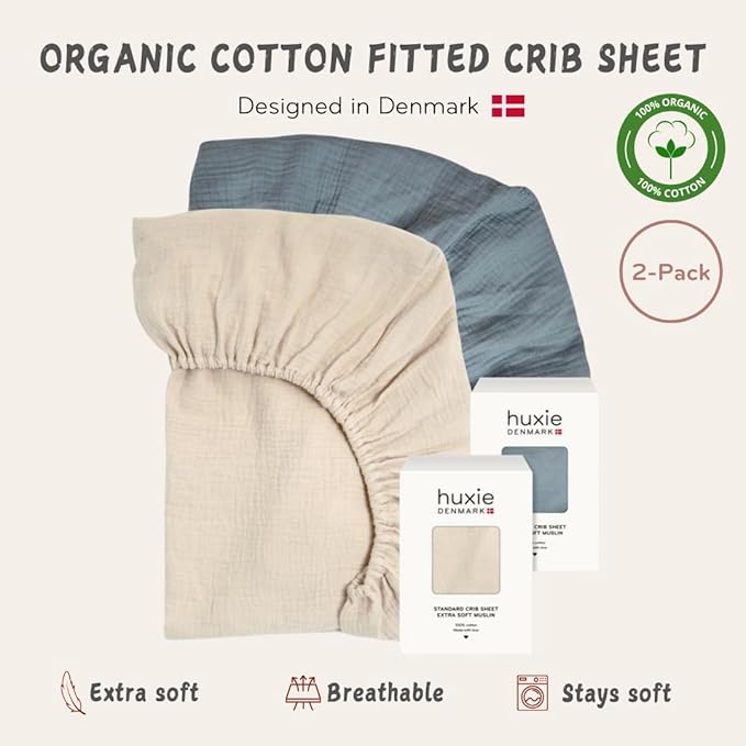 Crib Sheets – Organic Cotton Muslin Fitted Crib Sheet – Standard Size for Baby Boy and Baby Girl 28" x 52" Ultra-Soft and Breathable. 2-Pack (Fog/Tradewinds)