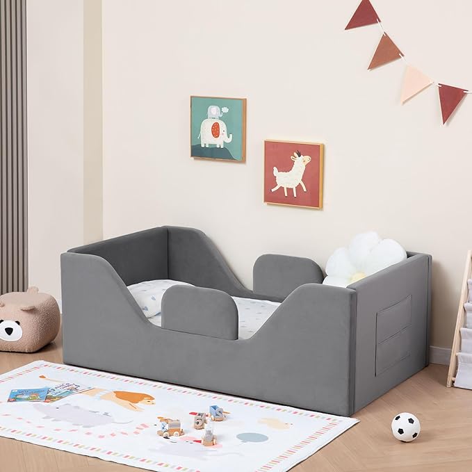 Toddler Floor Bed with Removable Safety Rails and Storage Bag, Kids Bed for Girl and Boys, Standard Crib Size, Safety Upholstered Child Beds, Low to Floor Design