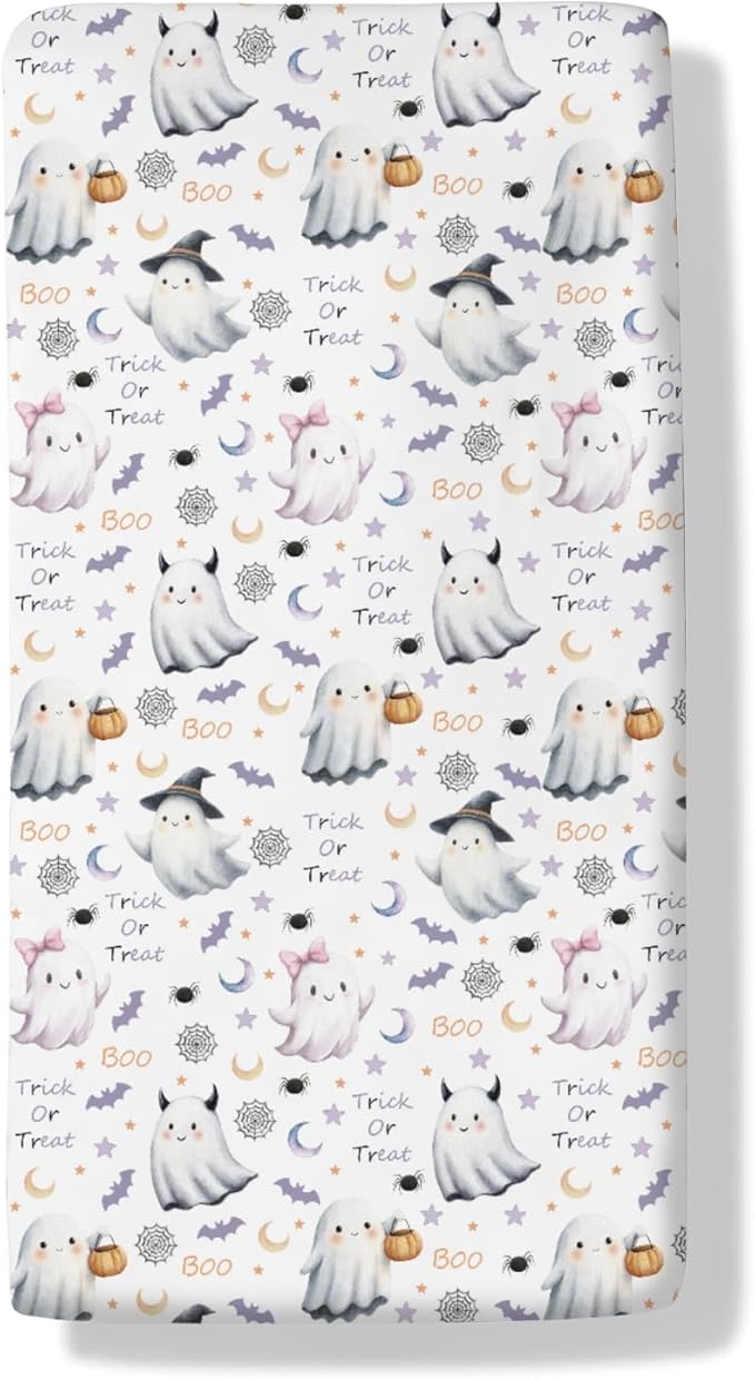 Cute Spooky Halloween Baby Crib Sheets Watercolor Witch Hat Spooky Pumpkins Baby Sheets Fall Moon Stars Fitted Crib Mattress Cover for Standard Crib Toddler Mattresses 28x52in