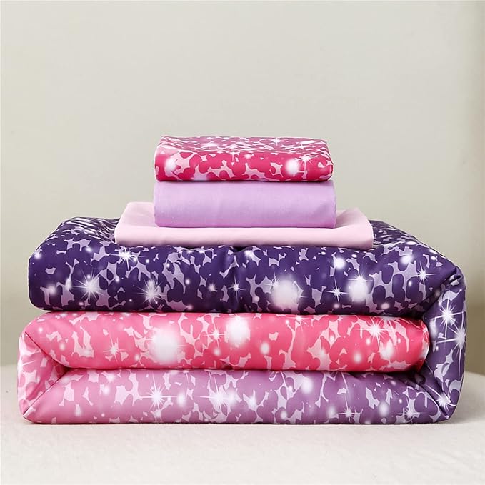 URBONUR 4-Piece Toddler Bedding Set for Girls Pink Purple Princess Toddler Bed in a Bag - 2-6 Year Old - Includes Comforter, Flat Sheet, Fitted Sheet & Pillowcase