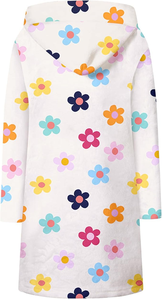 Umeyda Girls Fleece Hooded Robes, Warm Printed Bath Robe for Kids Soft Fuzzy Bathrobe for Gifts
