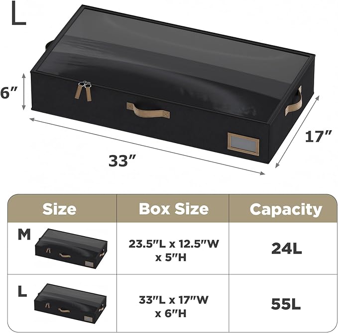 COYACOOL Under Bed Storage, Under Bed Storage Containers Bins for Clothes, Large Linen Underbed Closet Organization Bins, 2 Pack Collapsible Underbed Bin Dorm for Clothes, Sweater, Black